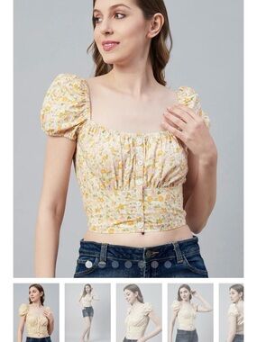 Floral Puff-Sleeve Crop Blouse in Pink & Yellow Sim & Sam L